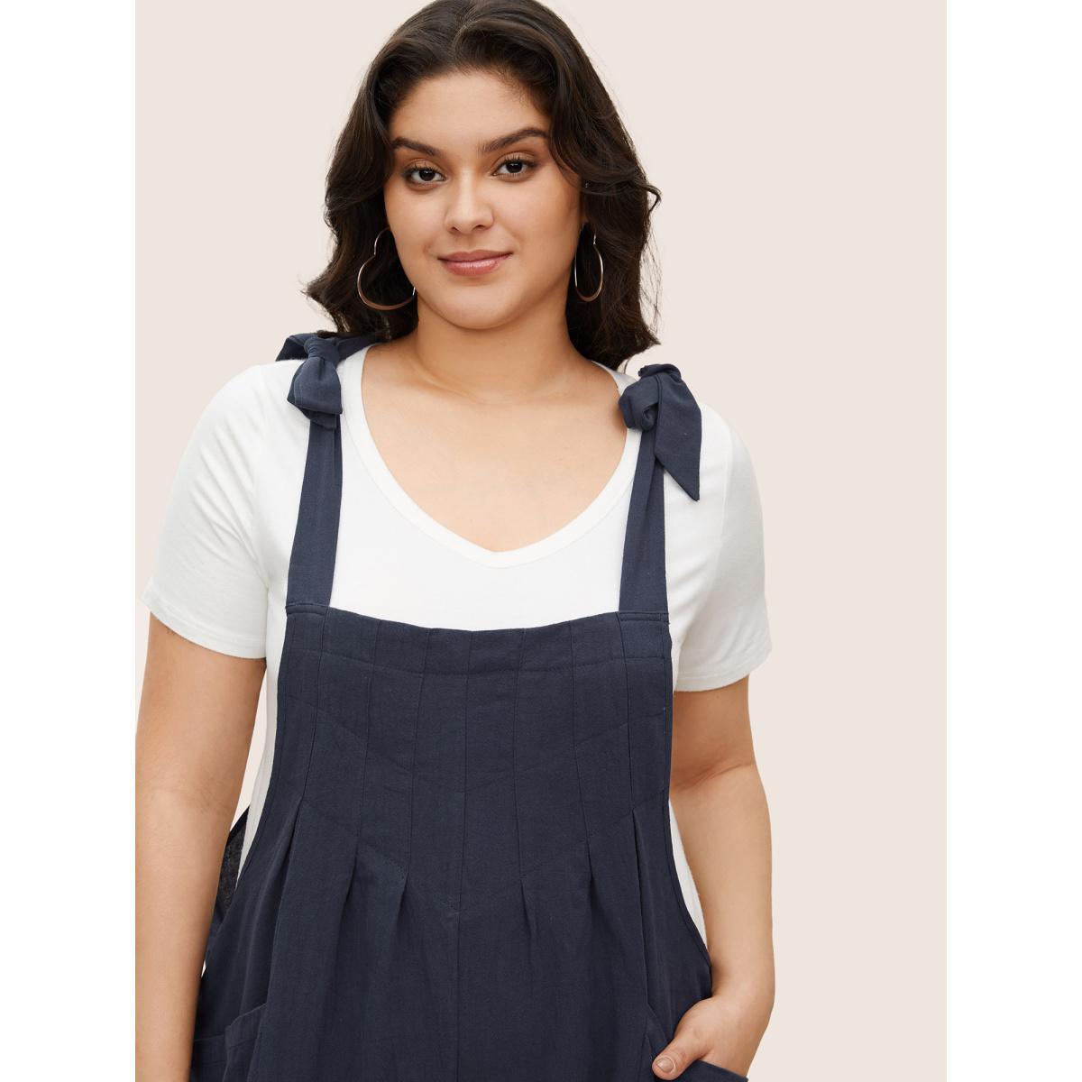 Plus Size Navy Solid Pleated Detail Pocket Knotted Shoulder Overall Jumpsuit Women Casual Sleeveless Non Everyday Loose Jumpsuits BloomChic 22-24/3X Product Image