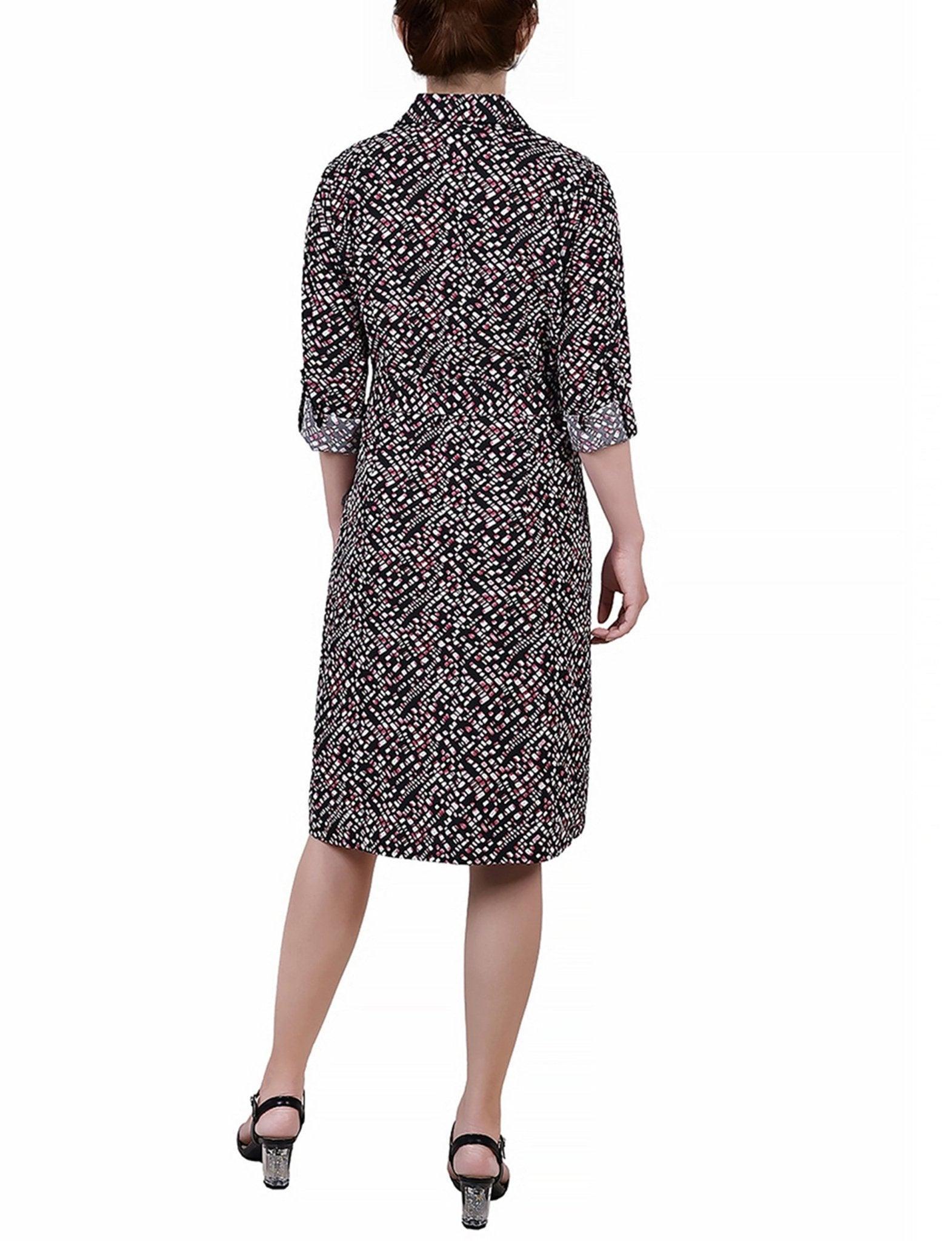 Cypress Inca Gold Navy Zigzag 3/4 Roll Tab Sleeve Belted Shirtdress - Petite Product Image