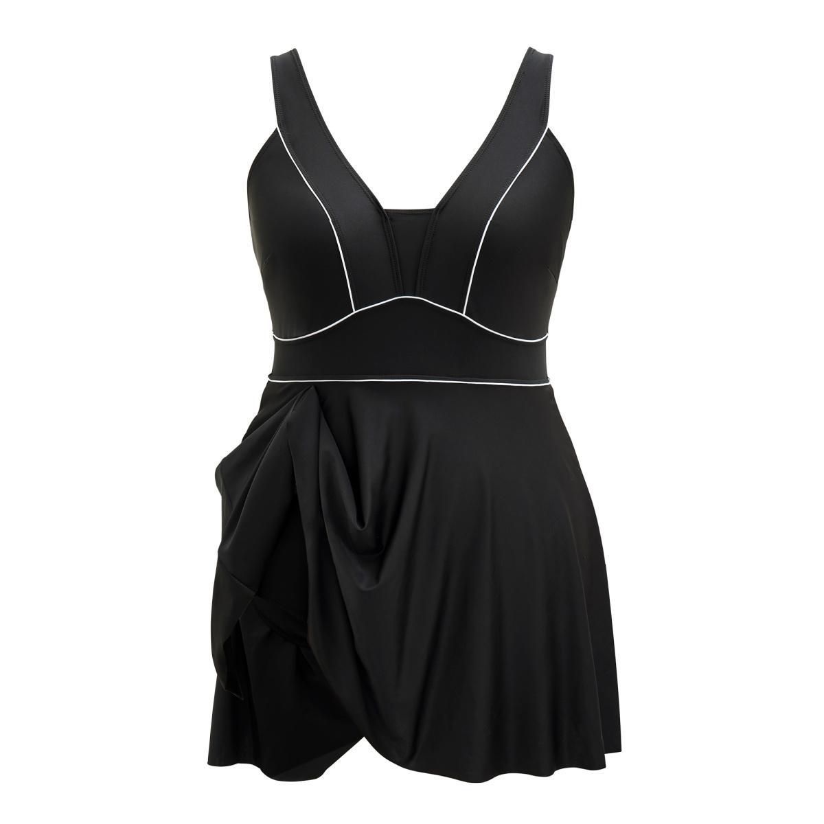 Plus Size Contrast Trim Adjustable Straps Swim Dress Women's Swimwear Black Beach Bodycon V-neck High stretch Curve Swim Dresses BloomChic 22-24/3X Product Image