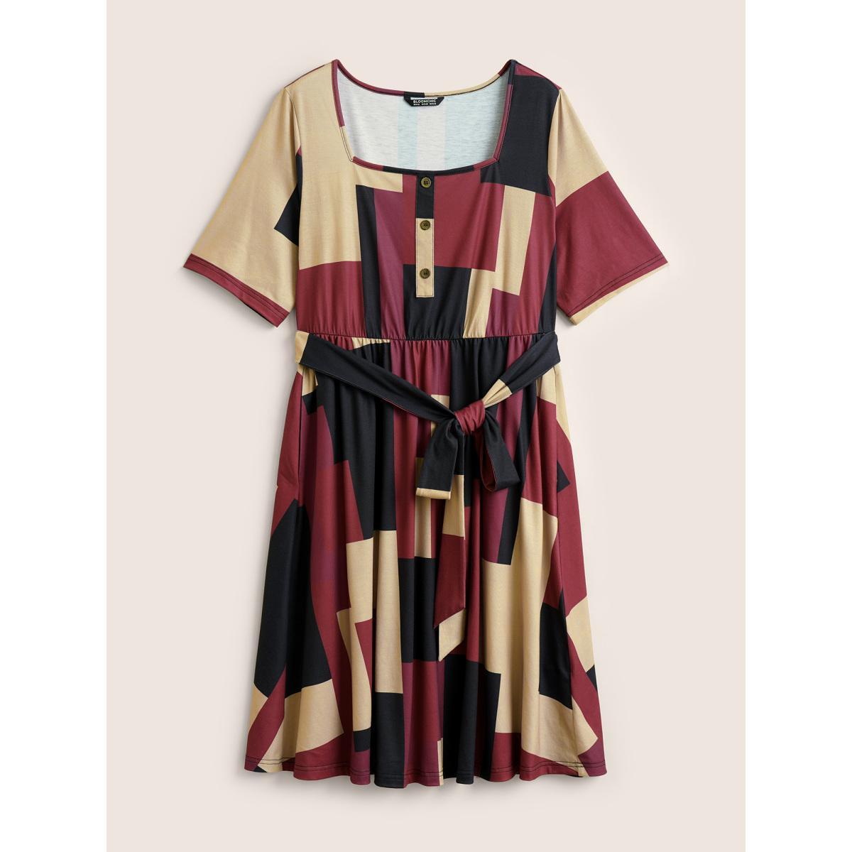 Plus Size Geometric Colorblock Contrast Square Neck Belted Dress Burgundy Women At the Office Non Square Neck Half Sleeve Curvy Midi Dress BloomChic 12/L Product Image