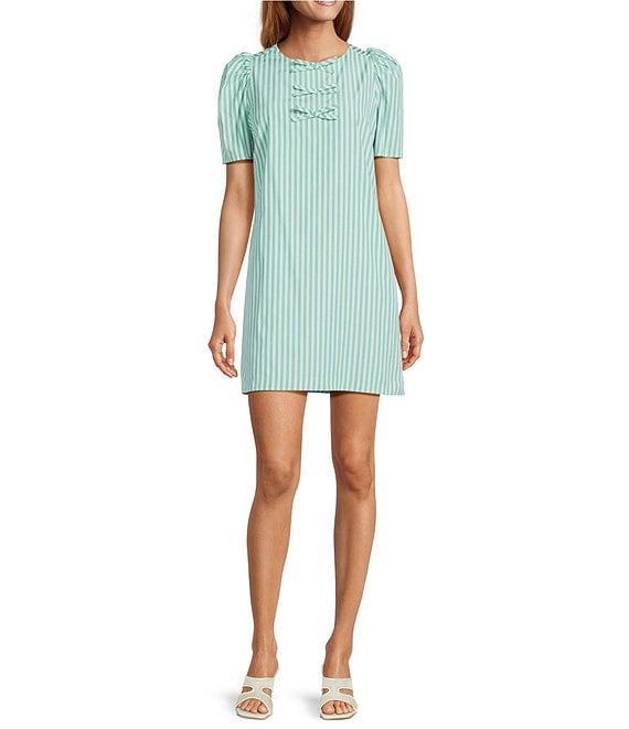 Abbey Glass Marty Stripe Print Crew Neckline Short Puff Sleeve Poplin Mini Shift Dress Product Image
