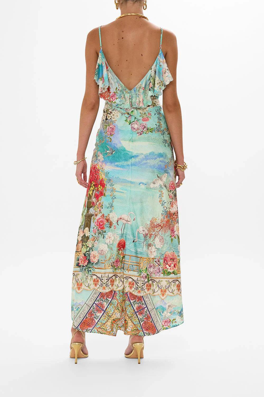CAMILLA V NECK BIAS SLIP DRESS WITH BACK FRILL -SALE Product Image
