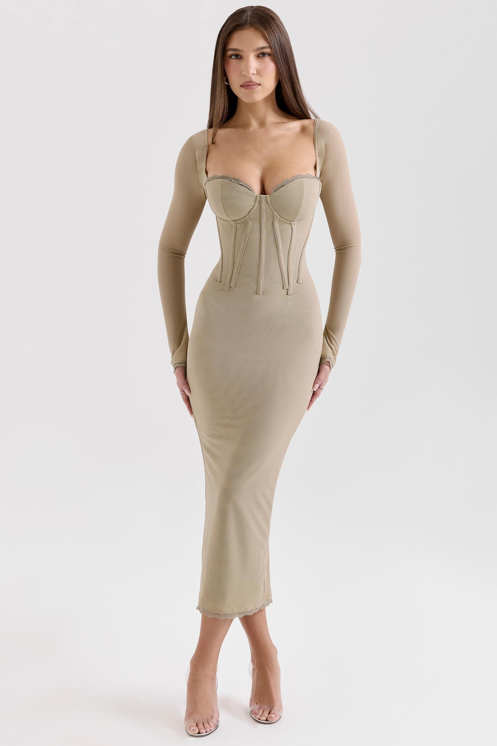 Saisha  beige mesh long sleeve bodycon midi dress Product Image