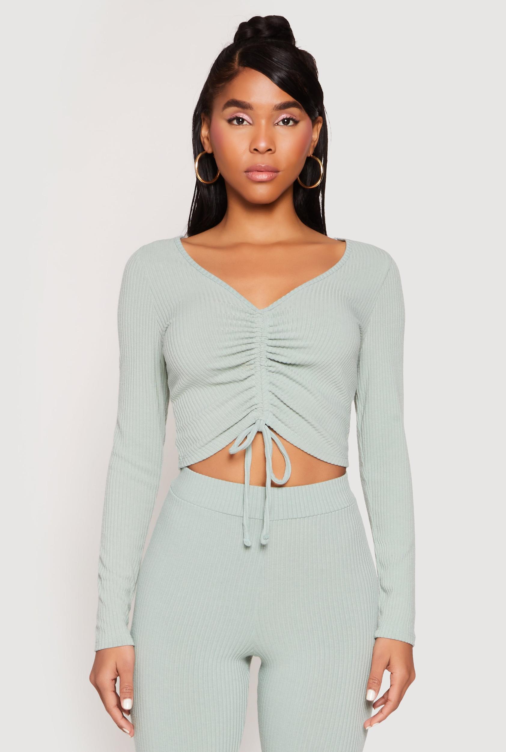 Womens Rib Knit Drawstring Front Ruched Crop Top Product Image