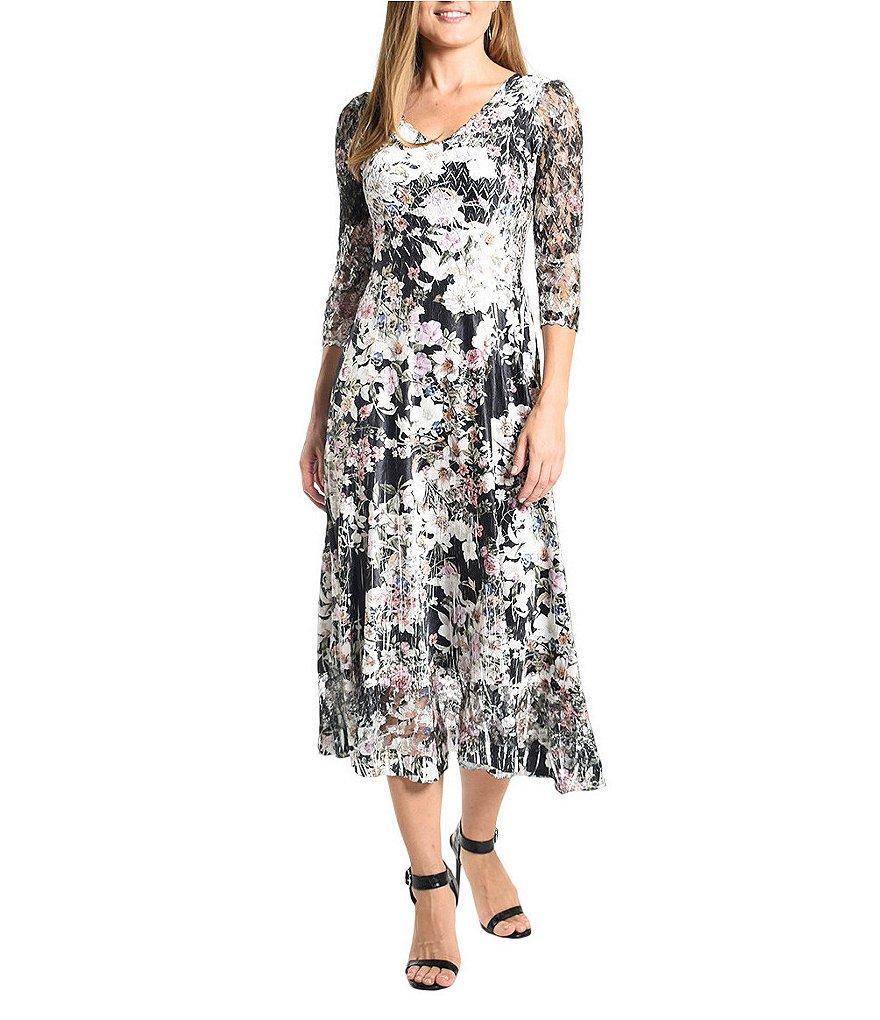 Komarov Floral Charmeuse V-Neckline Lace 3/4 Sleeve Midi Dress Product Image