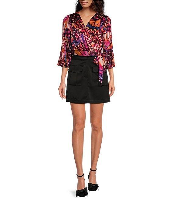 Skies Are Blue Butterfly Print V-Neck 3/4 Sleeve Front Tie Pleated Top Product Image