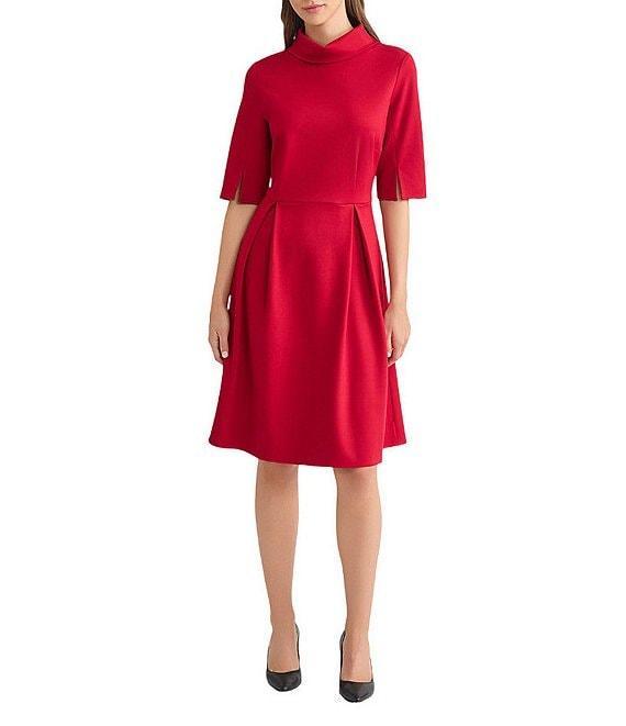 MISOOK Luxe Stretch Ponte Fold Collar Neck Elbow Sleeve A-Line Dress Product Image