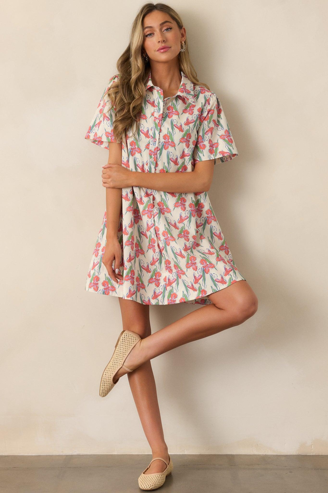 Oasis Of Calm Cotton Orange Floral Mini Dress Product Image