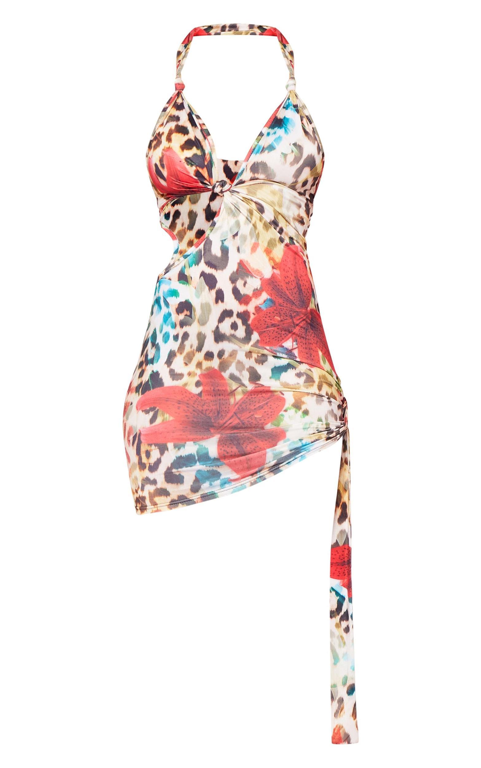  Multi Leopard Floral Print Slinky Knotted Bodycon Dress Product Image