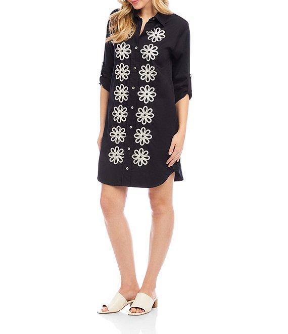 Karen Kane Petite Size Embroidered Point Collar 3/4 Roll-Tab Sleeve Button Front Shirtdress Product Image