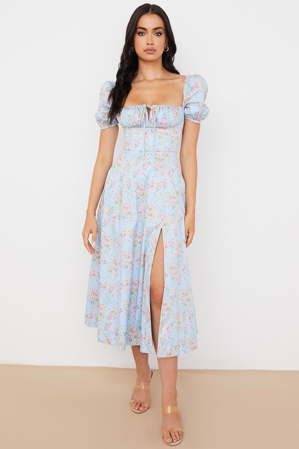 Tallulah Blue Vintage Floral Puff Sleeve Midi Dress Product Image