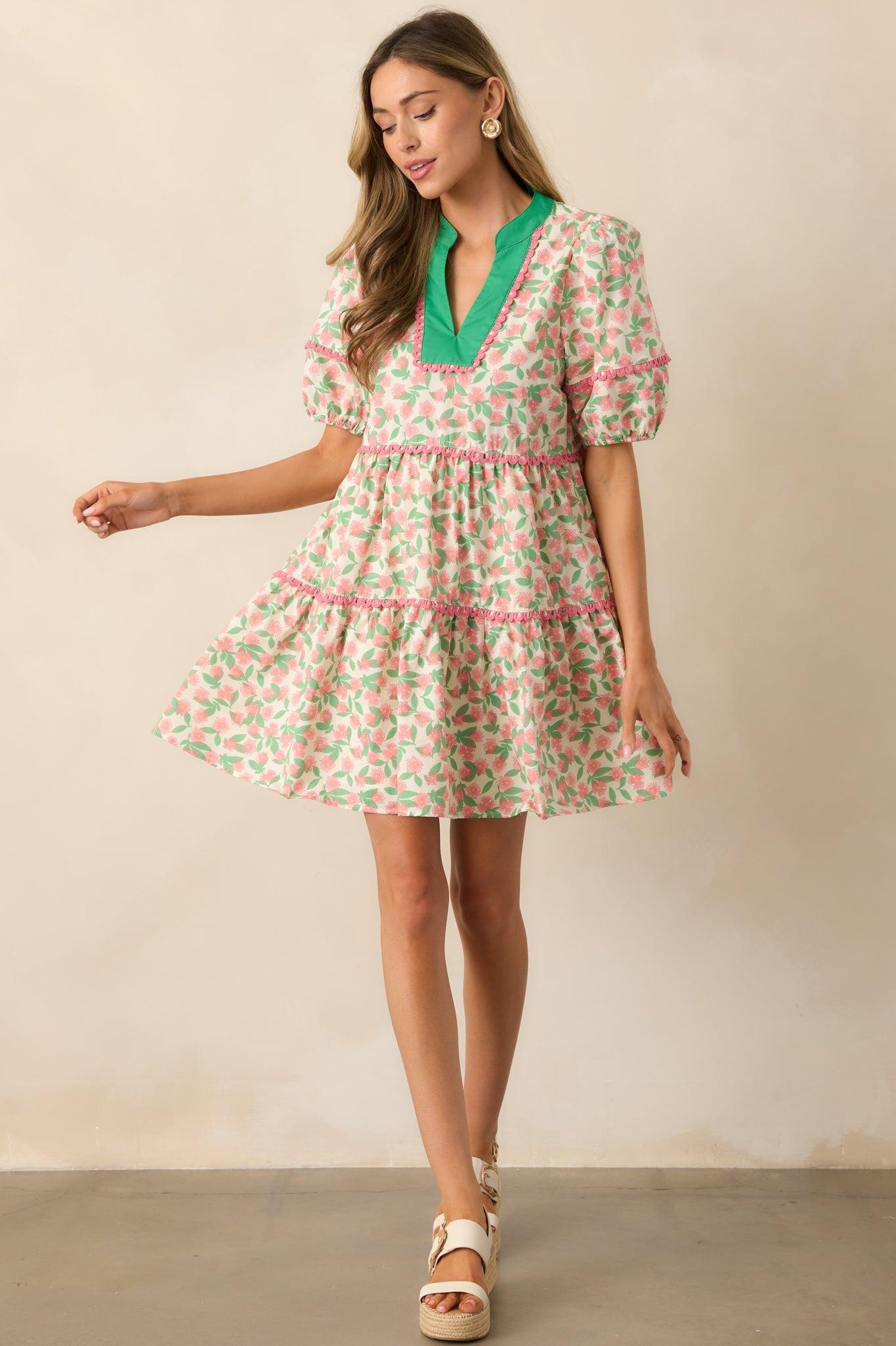 Full Bloom Beige Floral Cotton Puff Sleeve Mini Dress Product Image