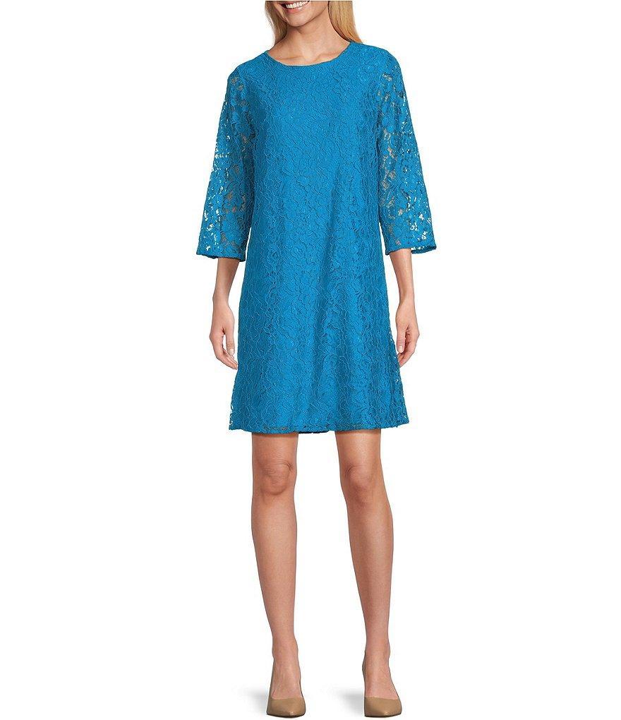 Caroline Rose Lace Round Neck 3/4 Sleeve Shift Dress Product Image