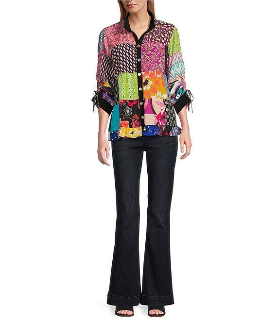 John Mark Woven Patch Print Wire Collar 3/4 Cinch Tie Sleeve Button Front Shirt Product Image