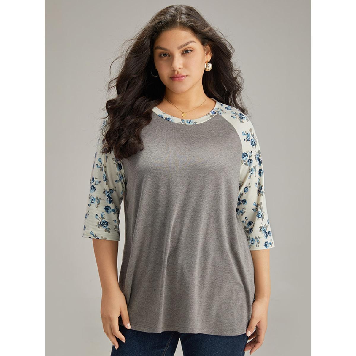 Plus Size Ditsy Floral Patchwork Contrast T-shirt Gray Women Elegant Printed Ditsy Floral Round Neck Dailywear T-shirts BloomChic 30/6X Product Image