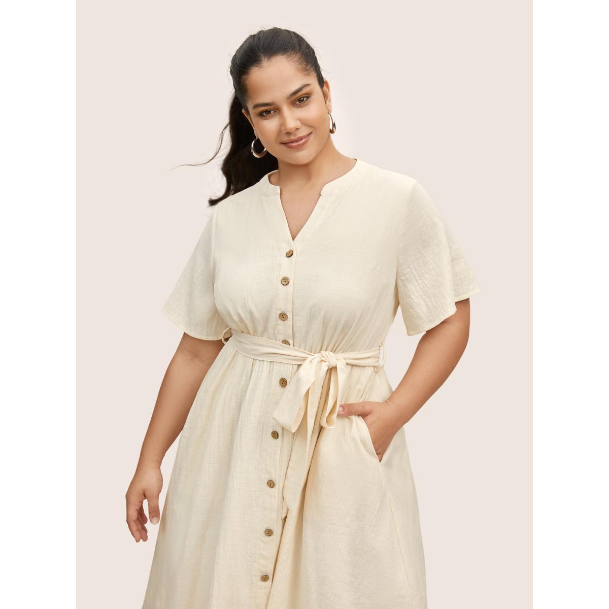 Plus Size Notched Collar Plain Button Detail Belted Dress Ivory Women Casual Belted Notched collar Half Sleeve Curvy BloomChic 10/M Product Image
