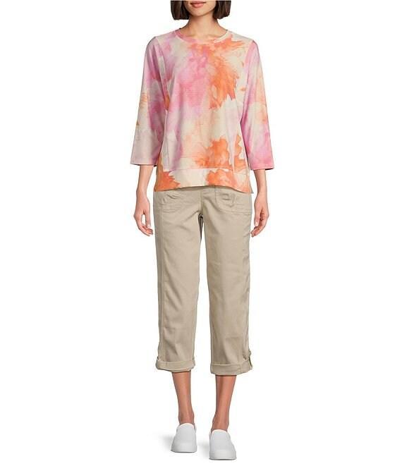 Westbound Watercolor Dahlia Knit 3/4 Sleeve Crew Neck Ribbed Detail Multi Print Top Product Image