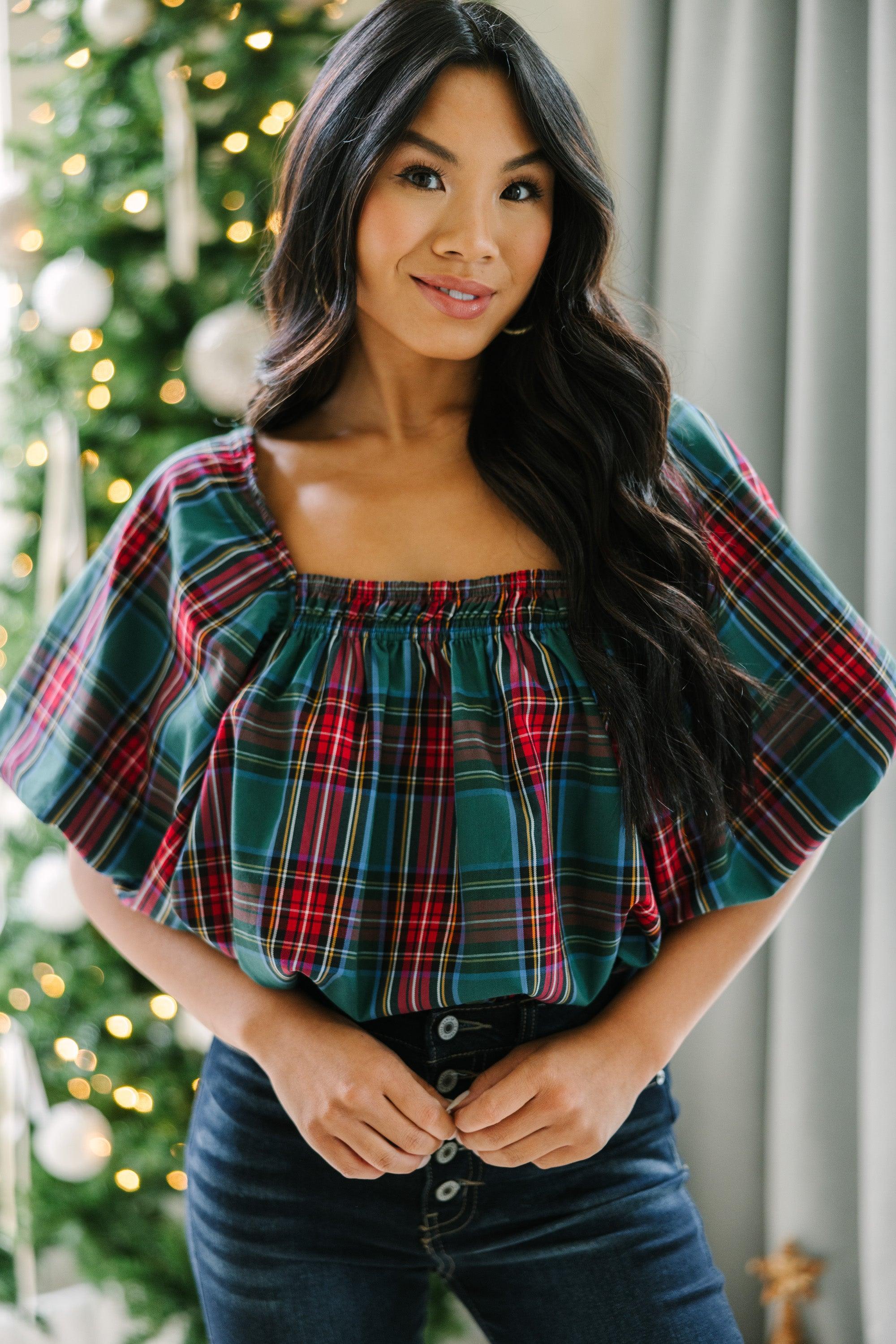 In Your Heart Emerald Green Tartan Plaid Blouse Female Product Image