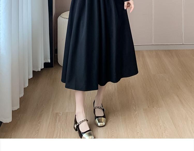 Long-Sleeve Mock Neck Cold Shoulder Plain Midi A-Line Dress Product Image