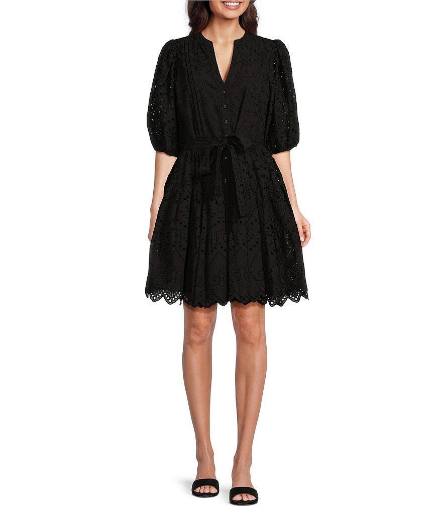 Gibson & Latimer Eyelet Split Round Neck Elbow Puff Sleeve Button Down Belted Scallop Hem Pocketed A-Line Dress Product Image