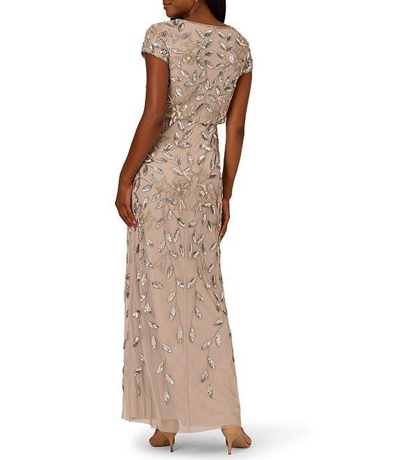 Adrianna Papell Beaded Mesh Crew Neck Short Sleeve Blouson Long Dress Product Image