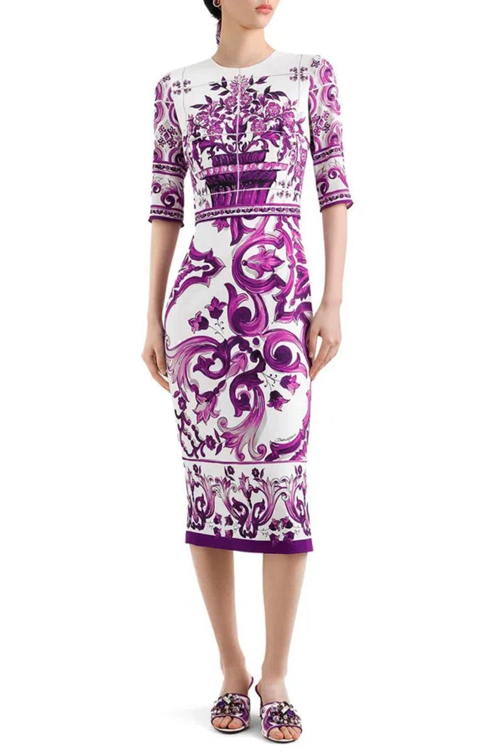 DOLCE & GABBANA Violet Crewneck Dress With Rear Zip Closure And All-over Floral Print In Silk Stretch Woman In Purple Product Image
