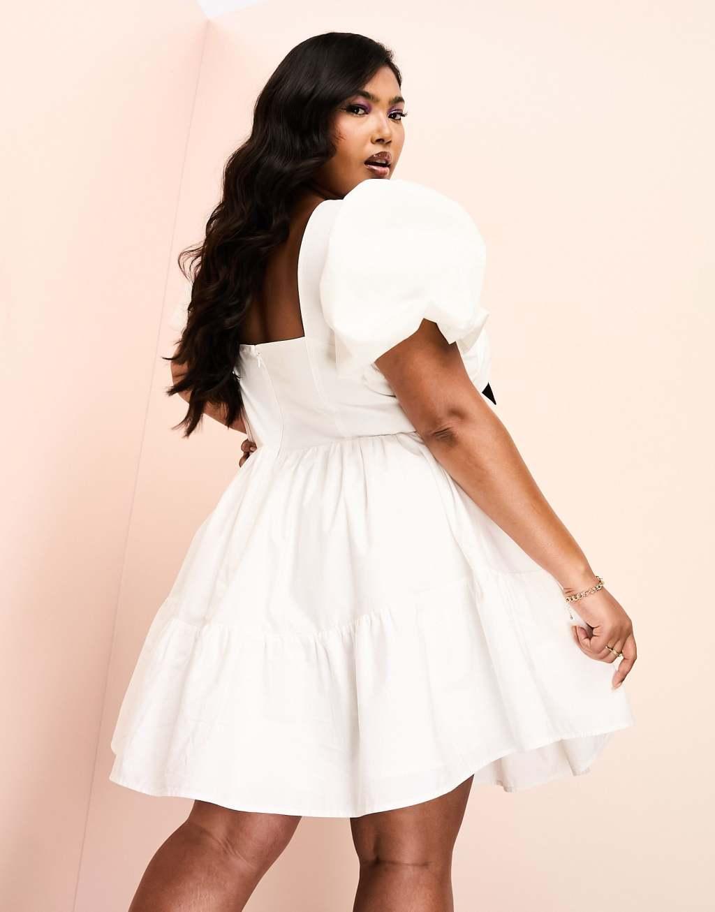 ASOS LUXE Curve corseted cotton poplin mini dress with contrast velvet pussybow and puff sleeve Product Image