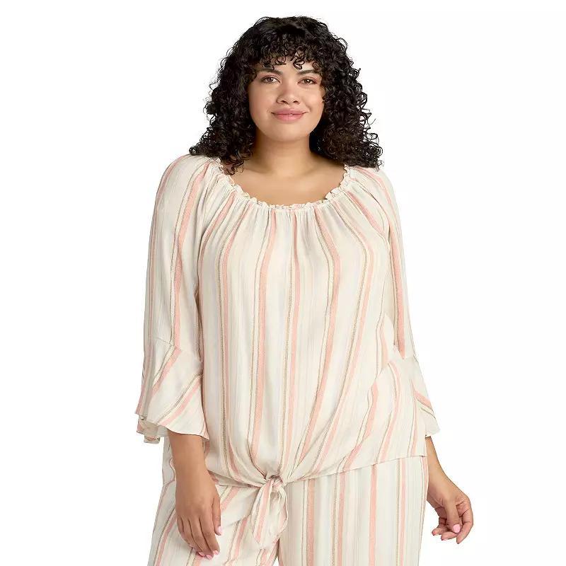 Plus Size AB Studio Off Shoulder Bell Sleeve Top, Women's, Size: 0X, B Pink Stripe Product Image