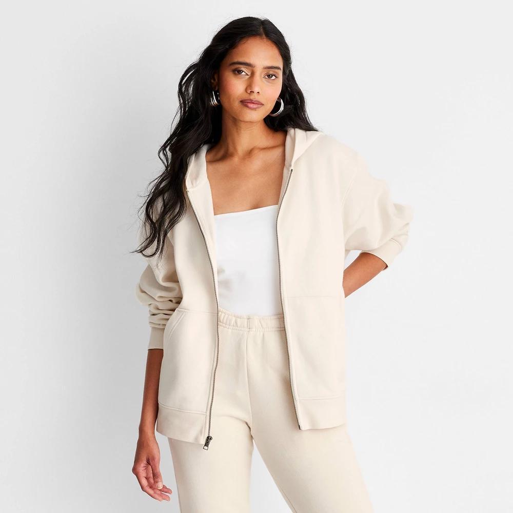 Women's Leisure Studio Zip-Up Hoodie Sweatshirt - Universal Thread™ Cream S Product Image