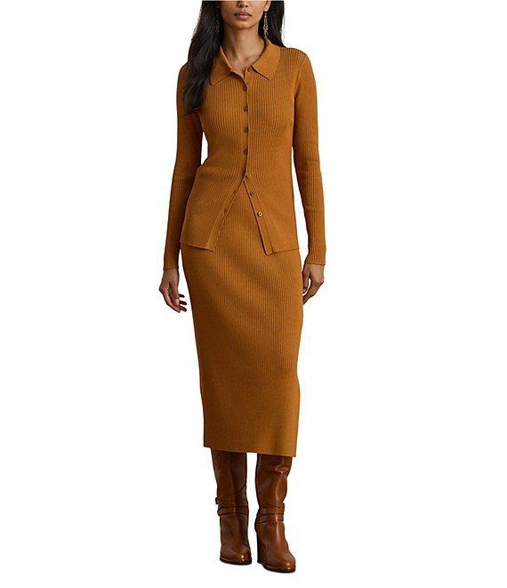 Lauren Ralph Lauren Ribbed Knit Point Collar Long Sleeve Polo Top Product Image