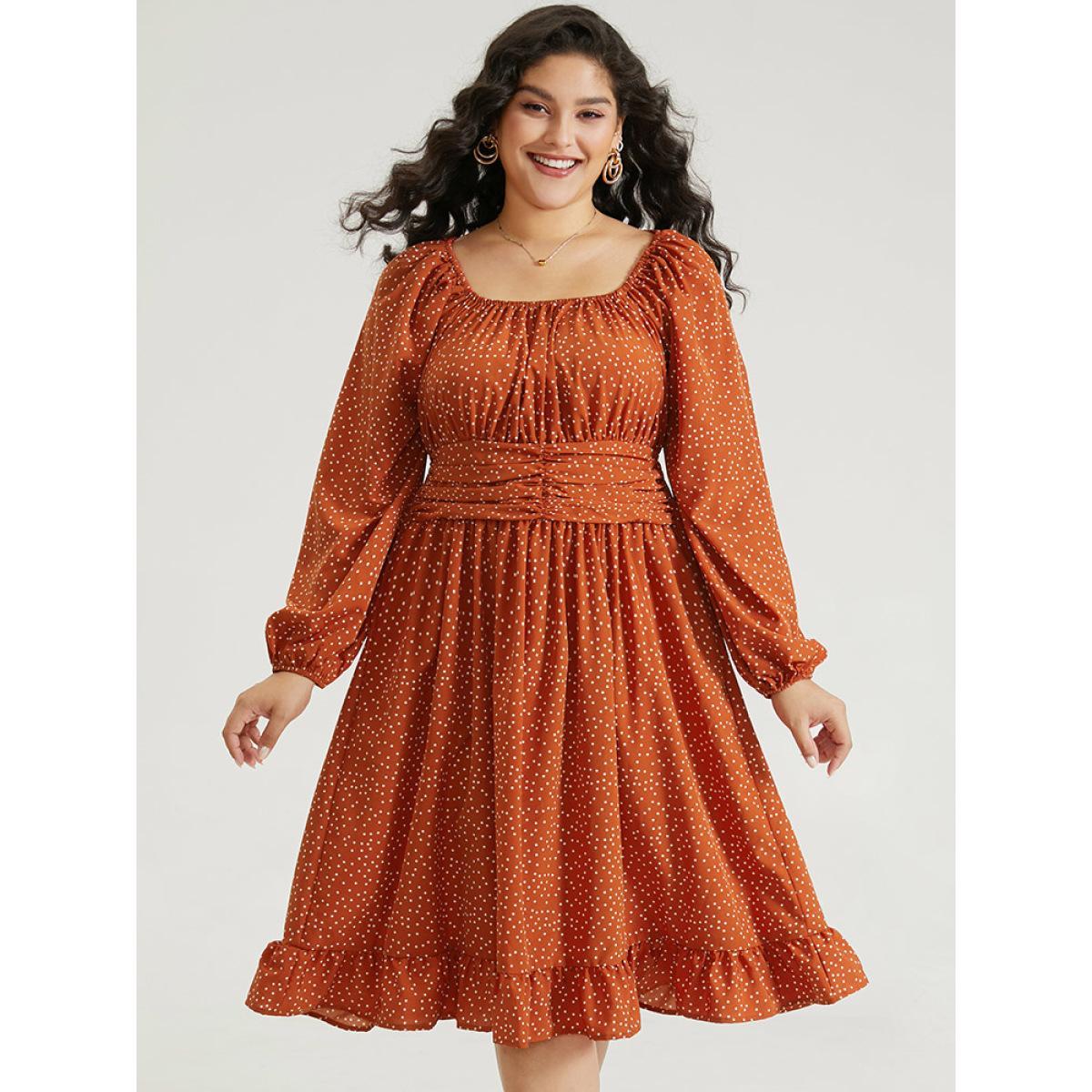 Plus Size Polka Dot Ruched Square Neck Dress Rust Women Elegant Elastic cuffs Square Neck Long Sleeve Curvy Midi Dress BloomChic 12/L Product Image