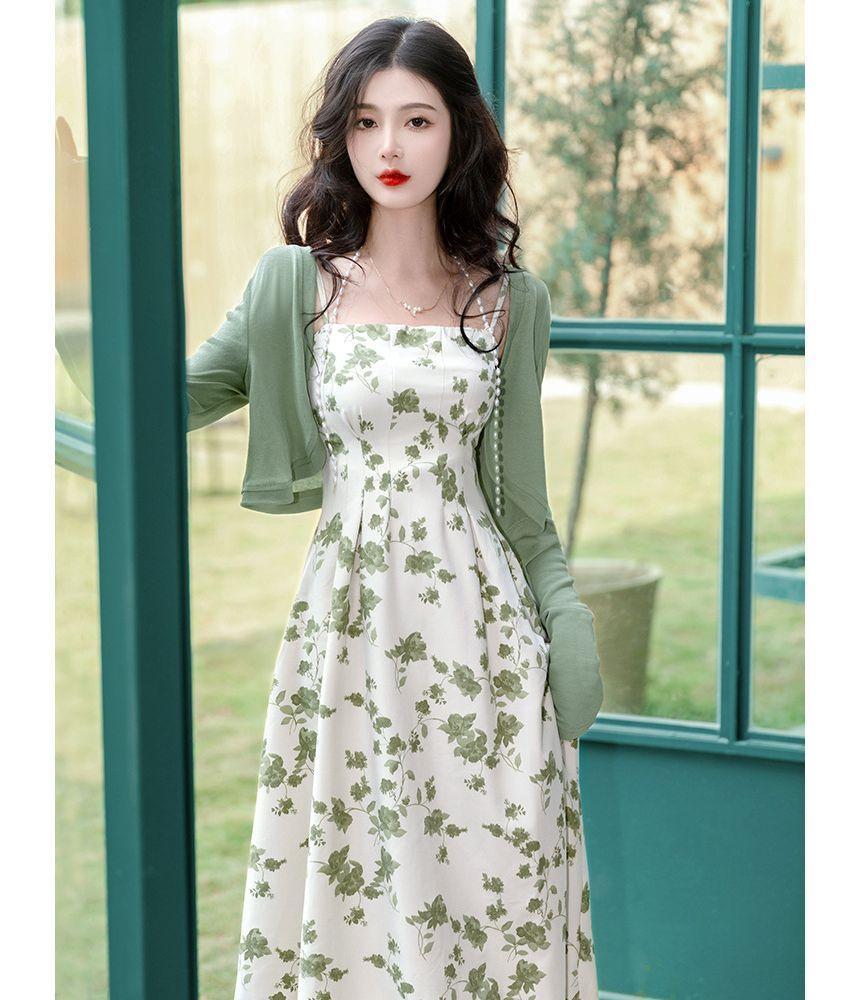Spaghetti Strap Floral Maxi A-Line Dress / Crop Cardigan / Set Product Image