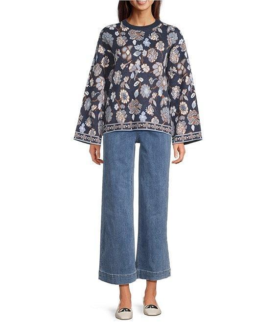 Charlie B. Knit Jacquard Floral Print Round Neck Long Sleeves Top Product Image