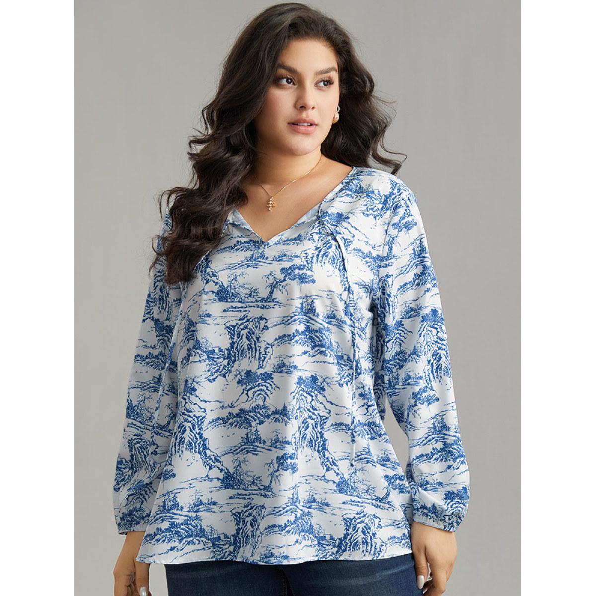 Plus Size Blue Landscape Print Tie Neck Blouse Women Elegant Long Sleeve Tie Neck Dailywear Blouses BloomChic 18-20/2X Product Image