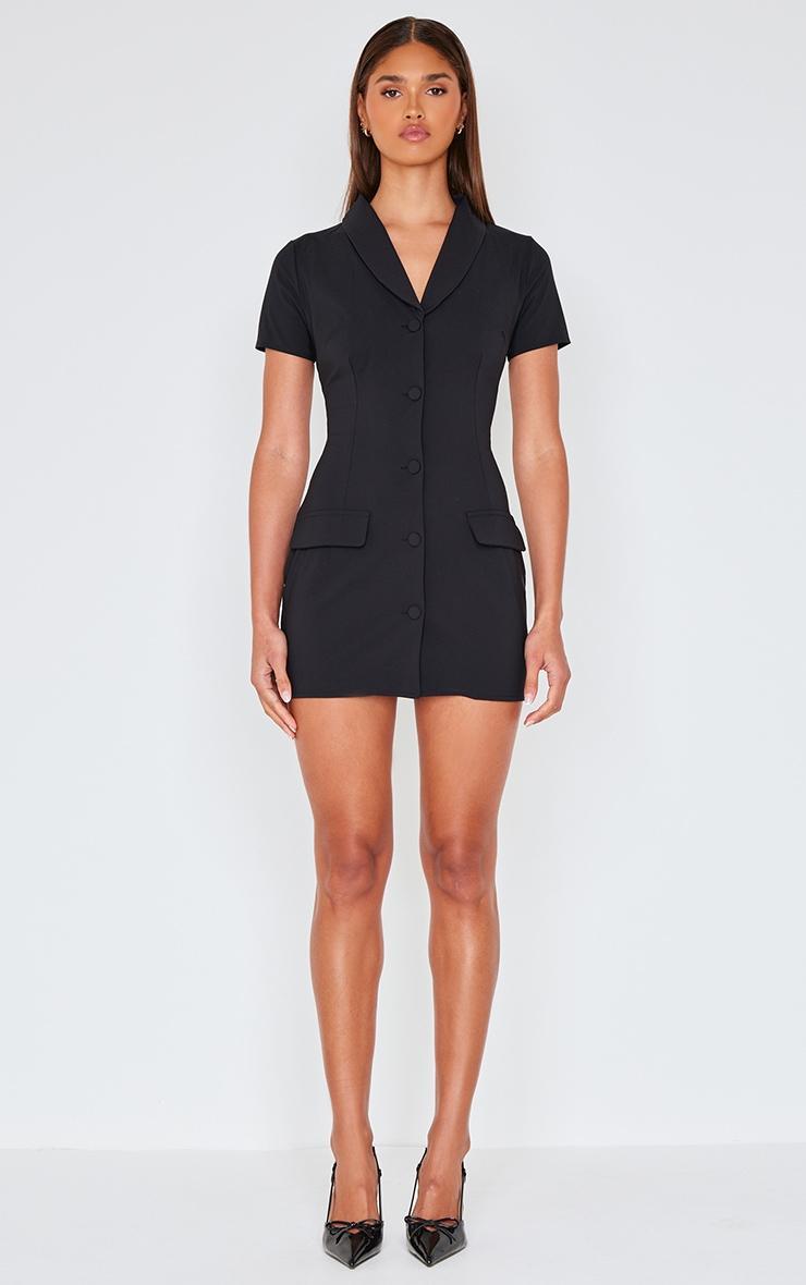 Black Tailored Woven Cap Sleeve Button Down Shift Dress Product Image