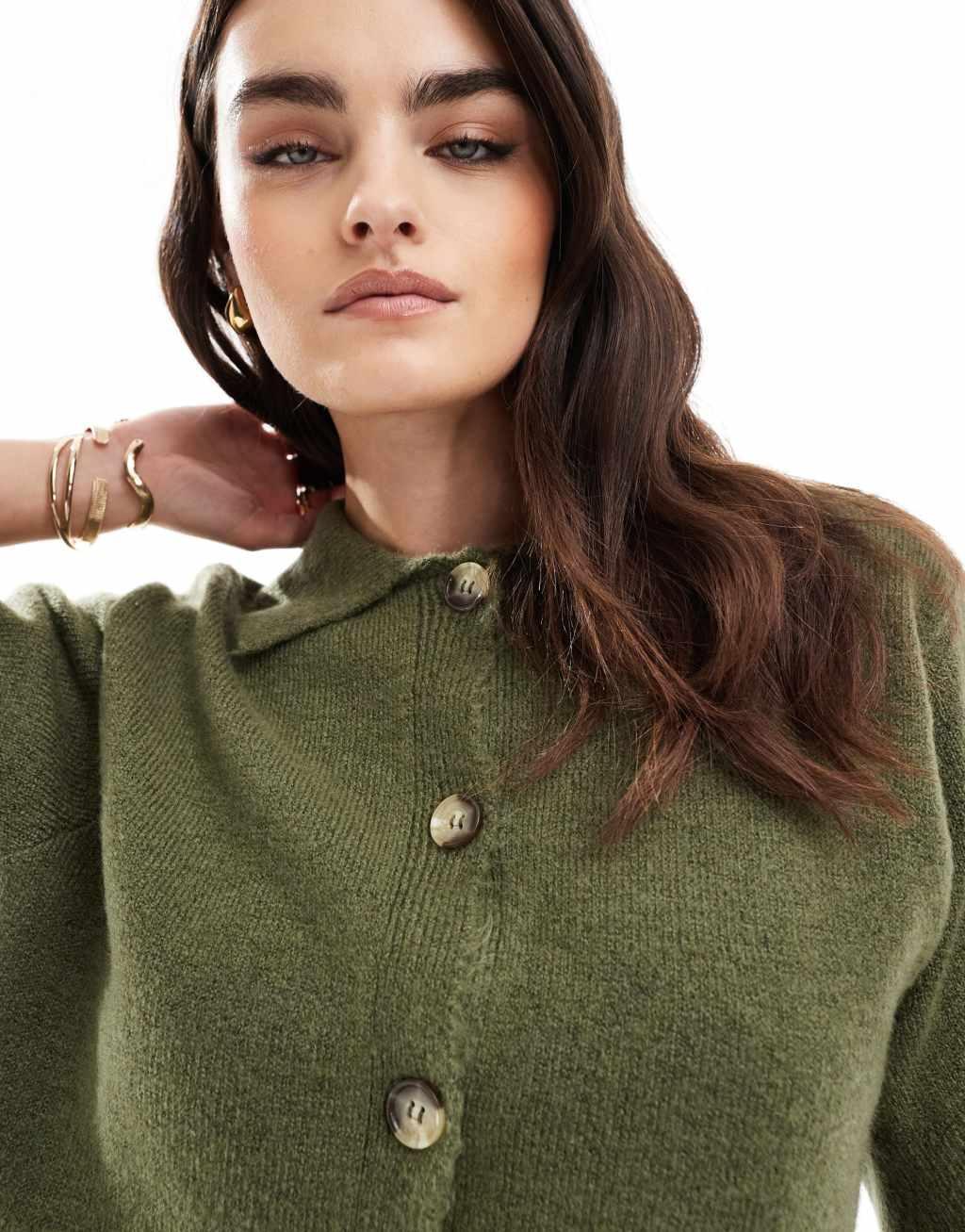 ASOS DESIGN knitted short sleeve shirt cardigan in khaki Product Image