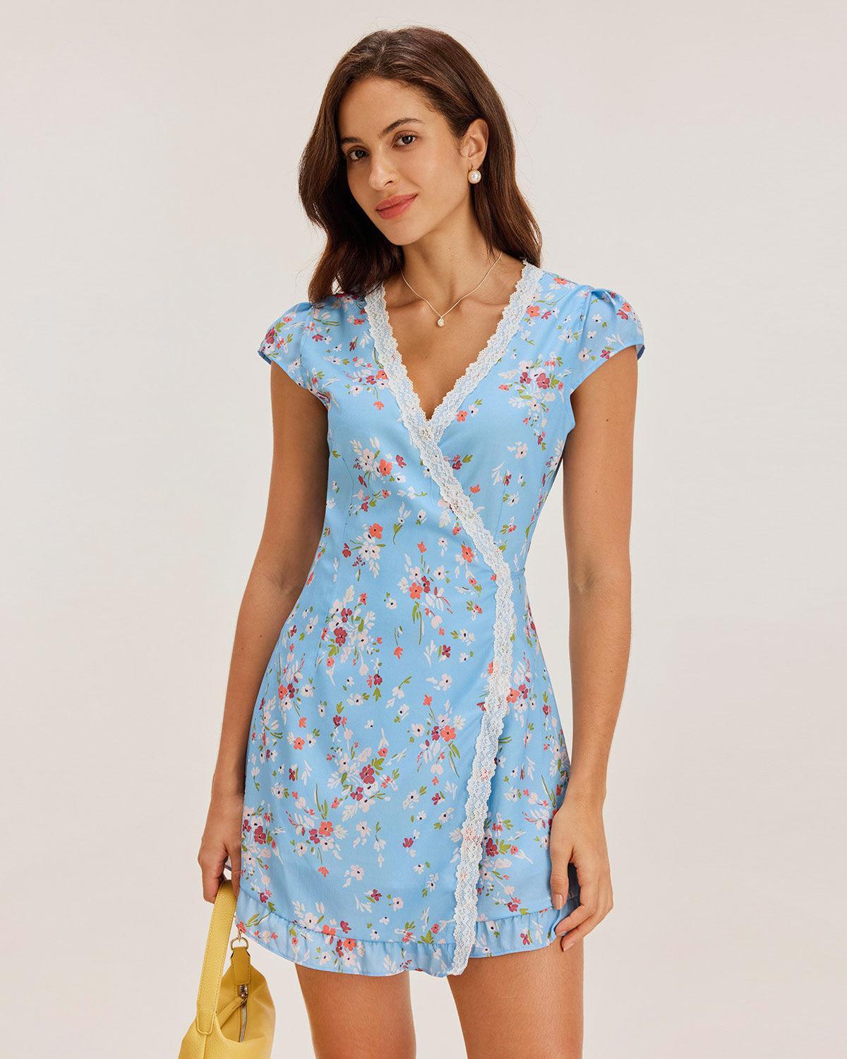 Blue Floral Wrap Mini Dress Product Image