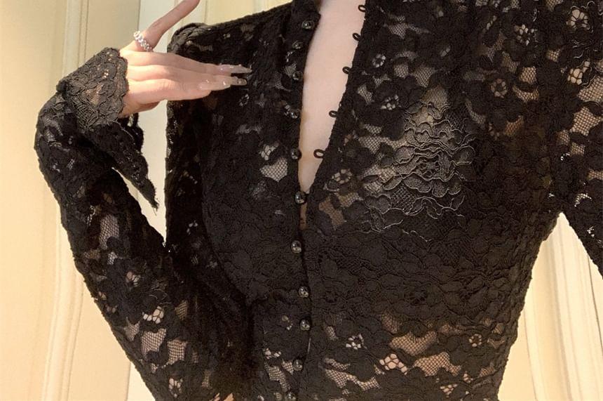 Long-Sleeve Stand Collar Button Lace Crop Slim Fit Top Product Image