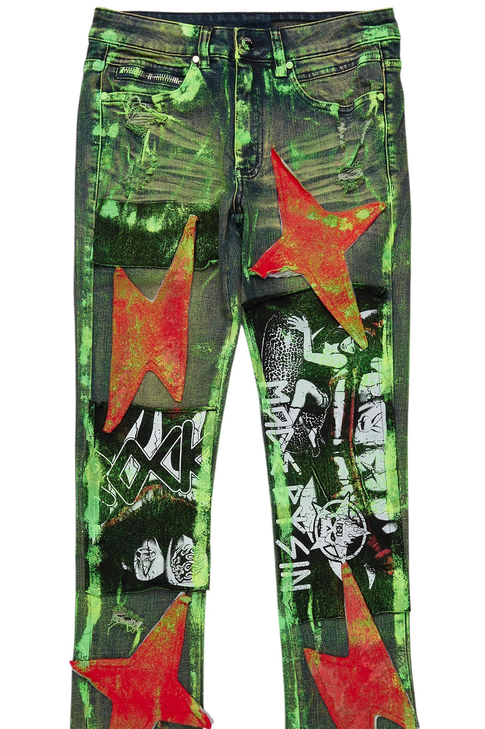 Valko Blue/Green Roller Paint Stacked Flare Jean Male Product Image