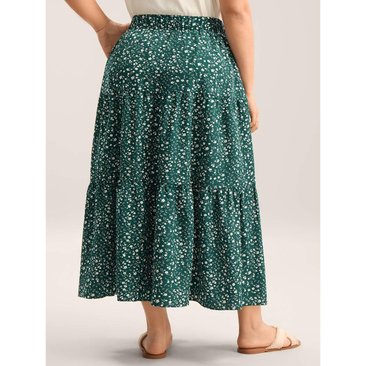 Plus Size Ditsy Floral Print Tiered Tied Maxi Skirt Women Emerald Loose No stretch Side seam pocket Vacation Skirts BloomChic 28/5X Product Image