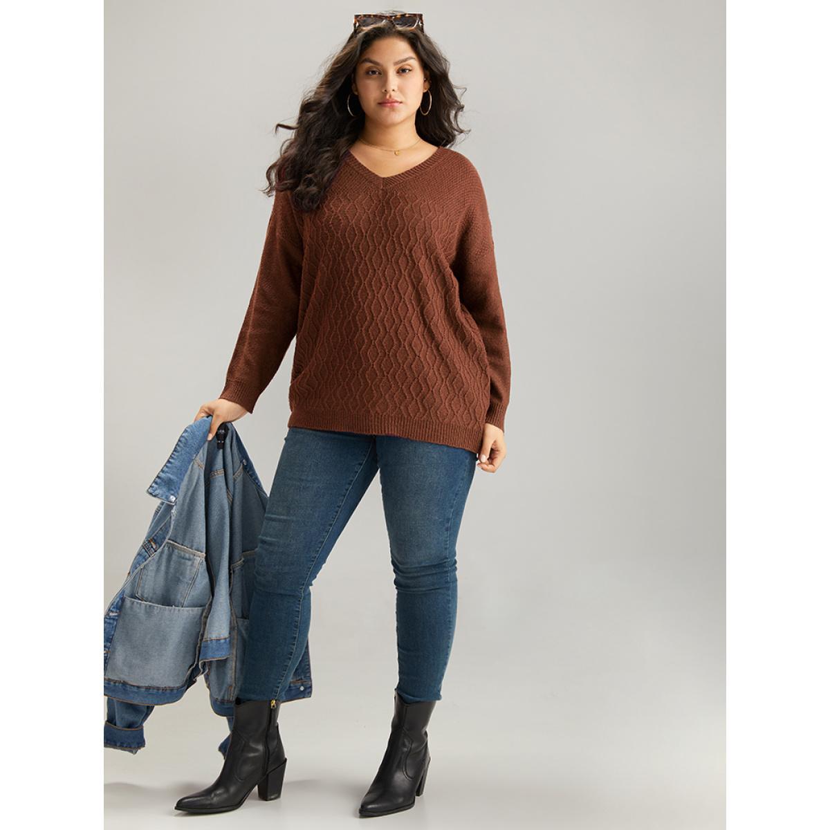 Plus Size Plisse Solid Drop Shoulder Pullover RedViolet Women Casual Loose Long Sleeve V-neck Dailywear Pullovers BloomChic 26/4X Product Image