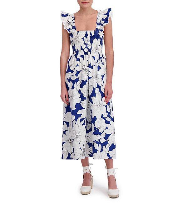 Anne Klein Square Neck Ruffle Shoulder Smocked Floral Printed Poplin Midi Dress Product Image