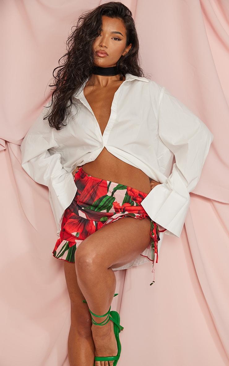 Red Floral Printed Woven Tie Side Frill Mini Skirt Product Image