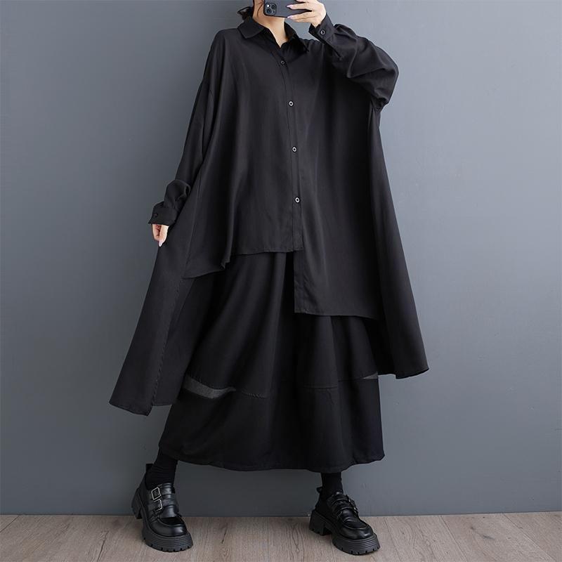 Long-Sleeve Asymmetrical Plain Maxi Shirt Dress Product Image