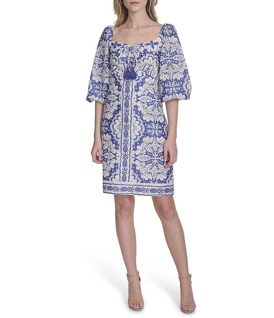 Vince Camuto Placement Print Square Neck 3/4 Sleeve Tie Front Shift Dress Product Image