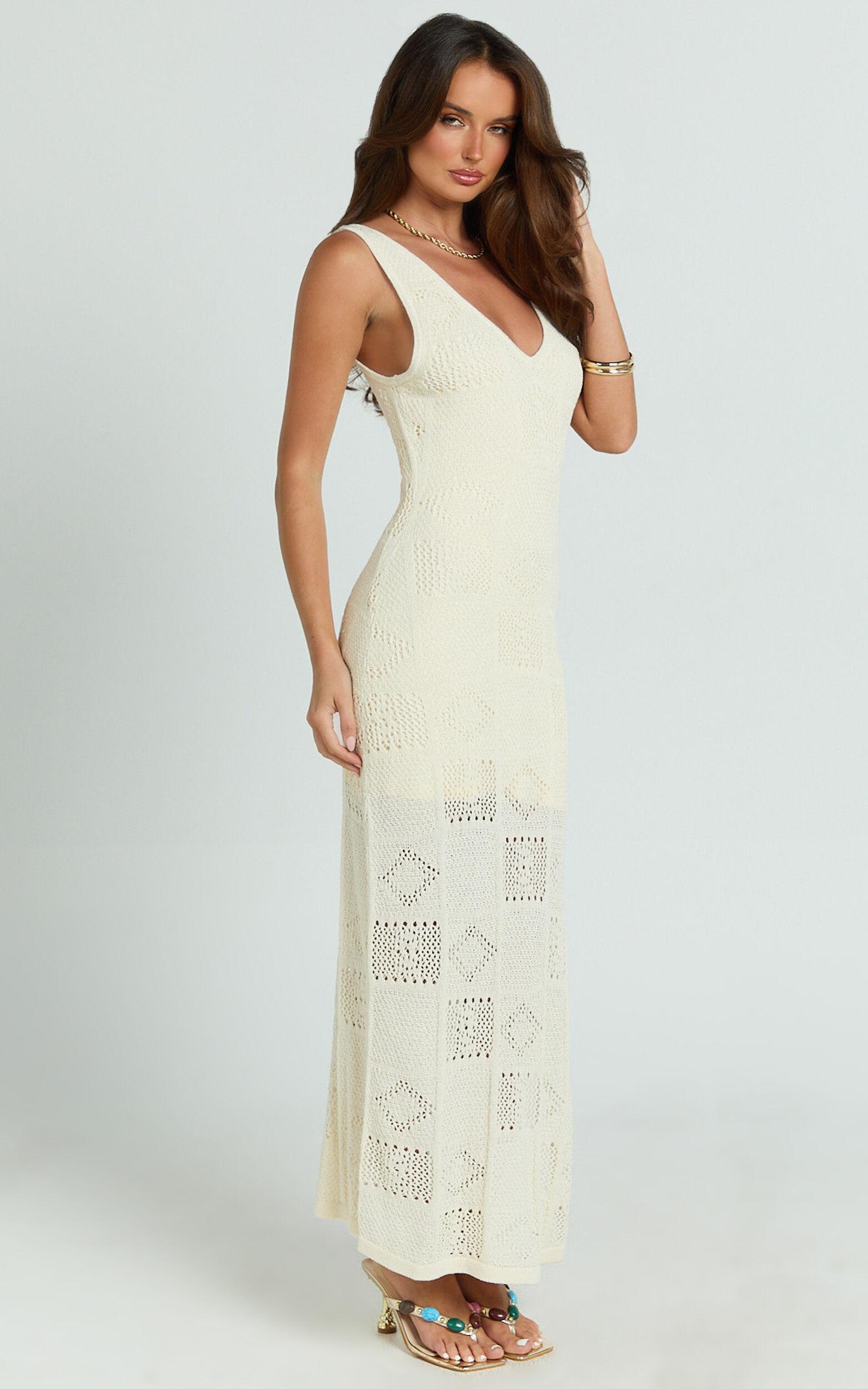 Taylor Maxi Dress - Crochet Knit Scoop Neck Dress in Cream Product Image