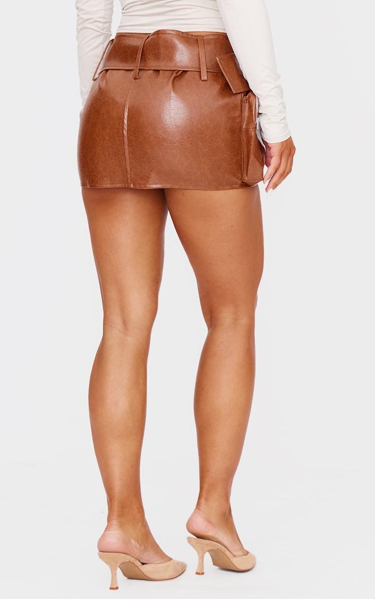 Premium Brown Washed Faux Leather Belt Zip Mini Skirt Product Image