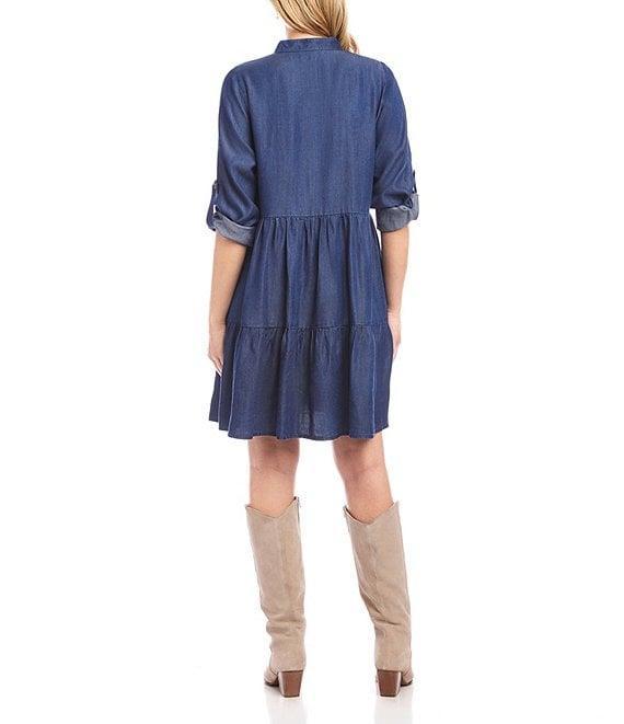 Karen Kane Petite Size Chambray Roll Tab Sleeve Tiered Shirtdress Product Image