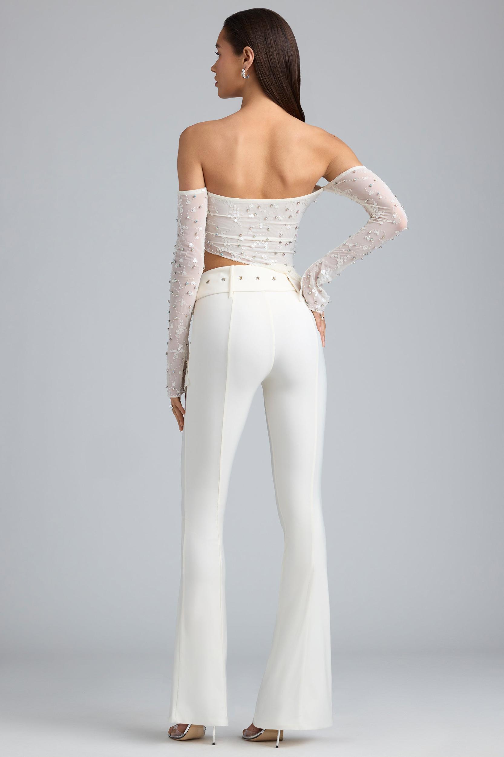Metallic Belted Mid-Rise Flared Trousers in Ivory Product Image