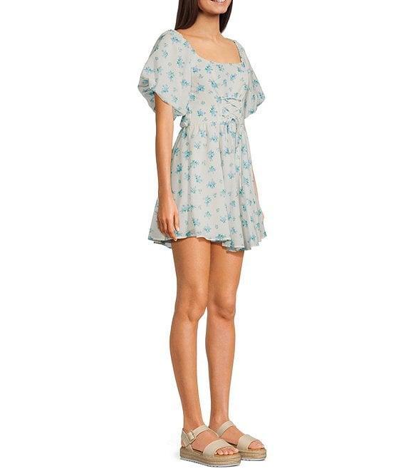 Midnight Doll Square Neck Short Bubble Sleeve Tie Front Skater Dress Product Image